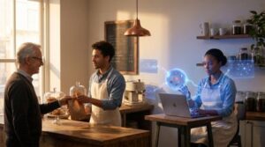 Small business owners meeting in a cafe with AI data visualisations overlaid