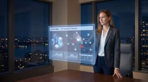 Consultant in a high-rise office beside a holographic FOCAS AMS deployment engine display