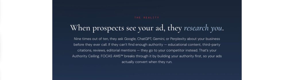 Quote card reading When prospects see your ad, they research you