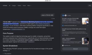 Google AI Mode answering what is FOCAS AMS and describing the Autonomous Marketing System built on the FOCAS Growth Framework